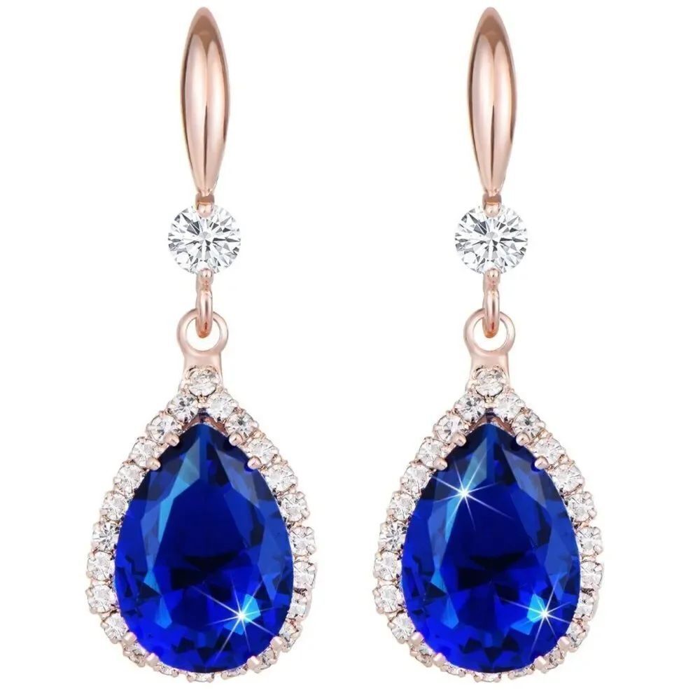 14K Rose Gold with Blue Diamond Cubic Zirconia Teardrop Hook Dangling Earrings